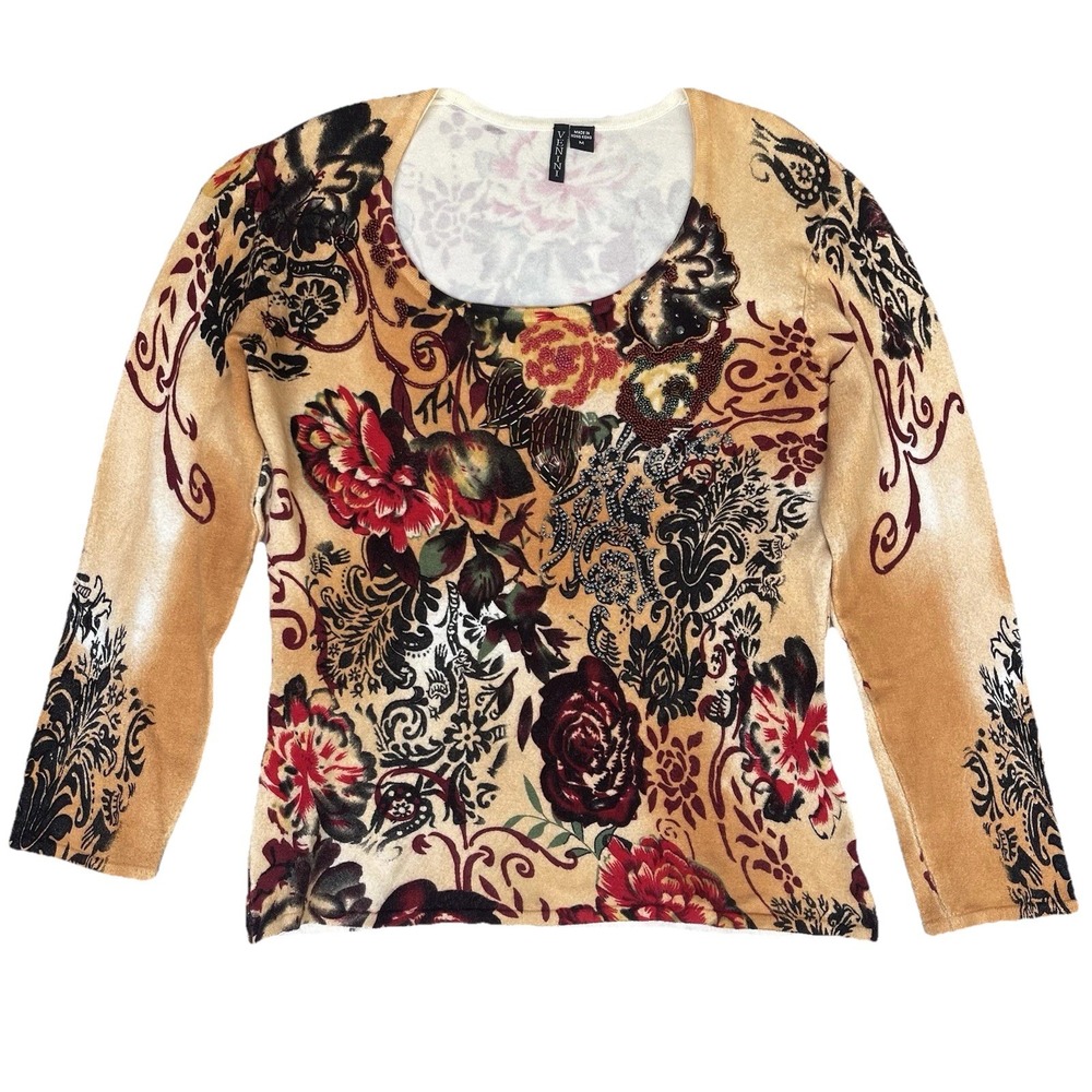 Vintage Venini Shirt Womens Medium Yellow Floral Stretch Beaded Asian Oriental